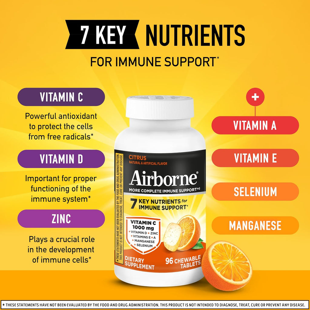 Airborne Vitamina C 1000 mg Comprimidos Masticables Sabor Cítricos - 96 Comprimidos