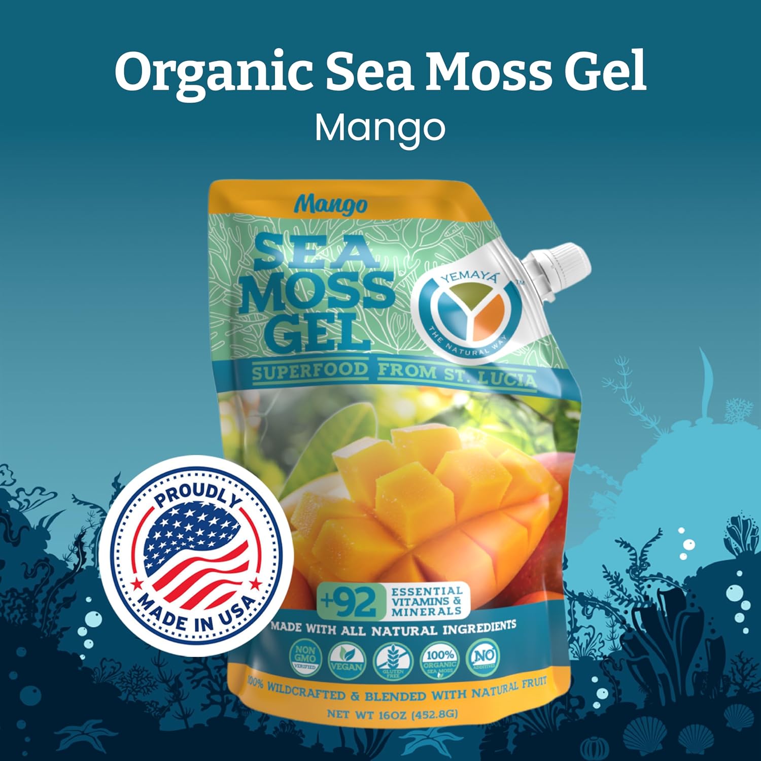 Yemayá Organic Sea Moss Gel Mango | Wildcrafted Seamoss Gel Enhanced with Real Fruit, Energy, Digestion, Hair, Skin & Nails | Mango Flavor, 16 oz