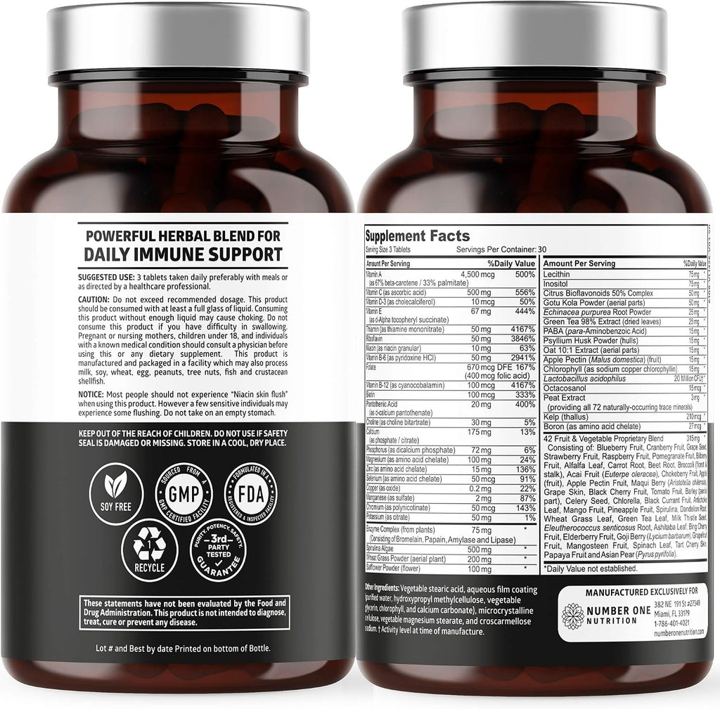 N1N Premium Multivitamínico Plant Based [42 Ingredientes] Multivitaminas para Hombres y Mujeres con Verduras, Frutas, Probióticos, Alfalfa, Equinácea, Espirulina y Enzimas, 90 Comprimidos
