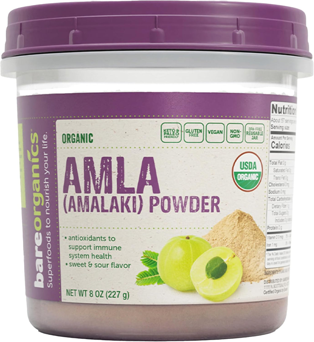 BareOrganics Amla Powder - Polvo de Amla Orgánico, Superalimento de Grosella India, para Batidos, Tés y Recetas, Sin OGM, Vegano, 227 g