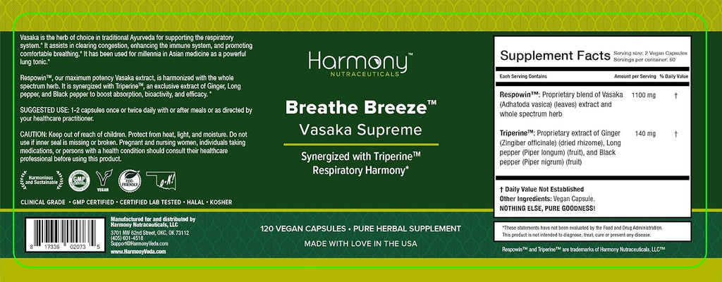 Vasaka Synergized with Triperine Ayurvedic Herbal Respiratory Care 120 Cápsulas