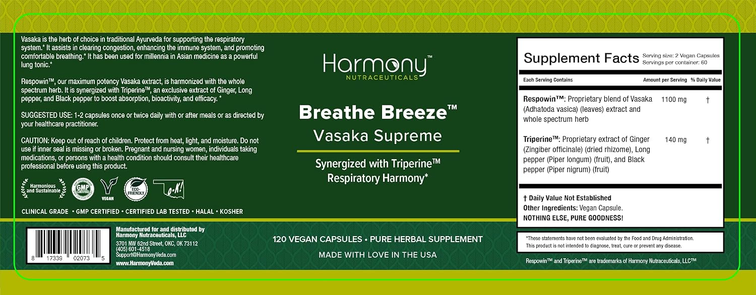Vasaka Synergized with Triperine Ayurvedic Herbal Respiratory Care 120 Cápsulas