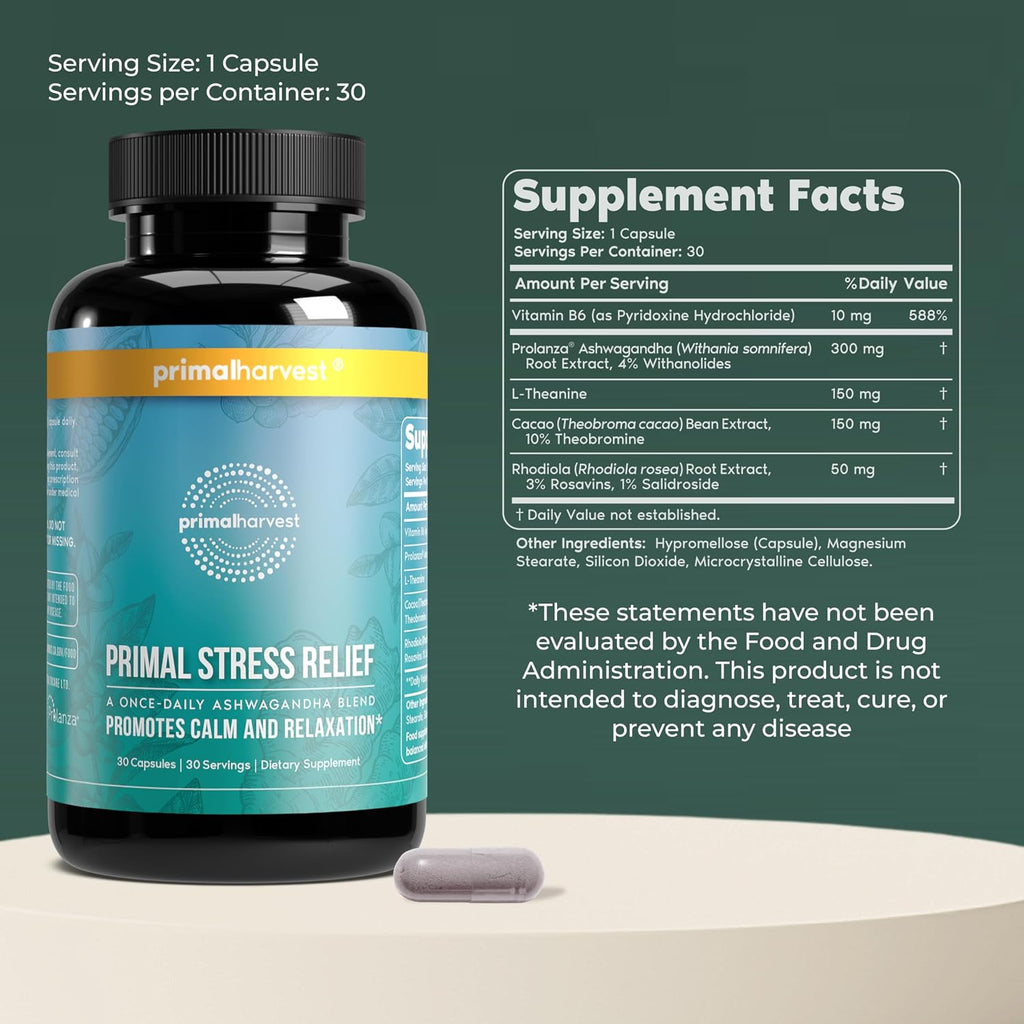 Primal Harvest Stress Relief – Suplemento Diario para el Estrés, 30 Cápsulas