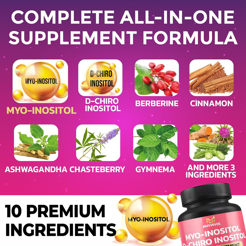 BMVINVOL Inositol 40:1 - Myo-Inositol y D-Chiro Inositol con Berberina, Ashwagandha +5 - 90 Cápsulas