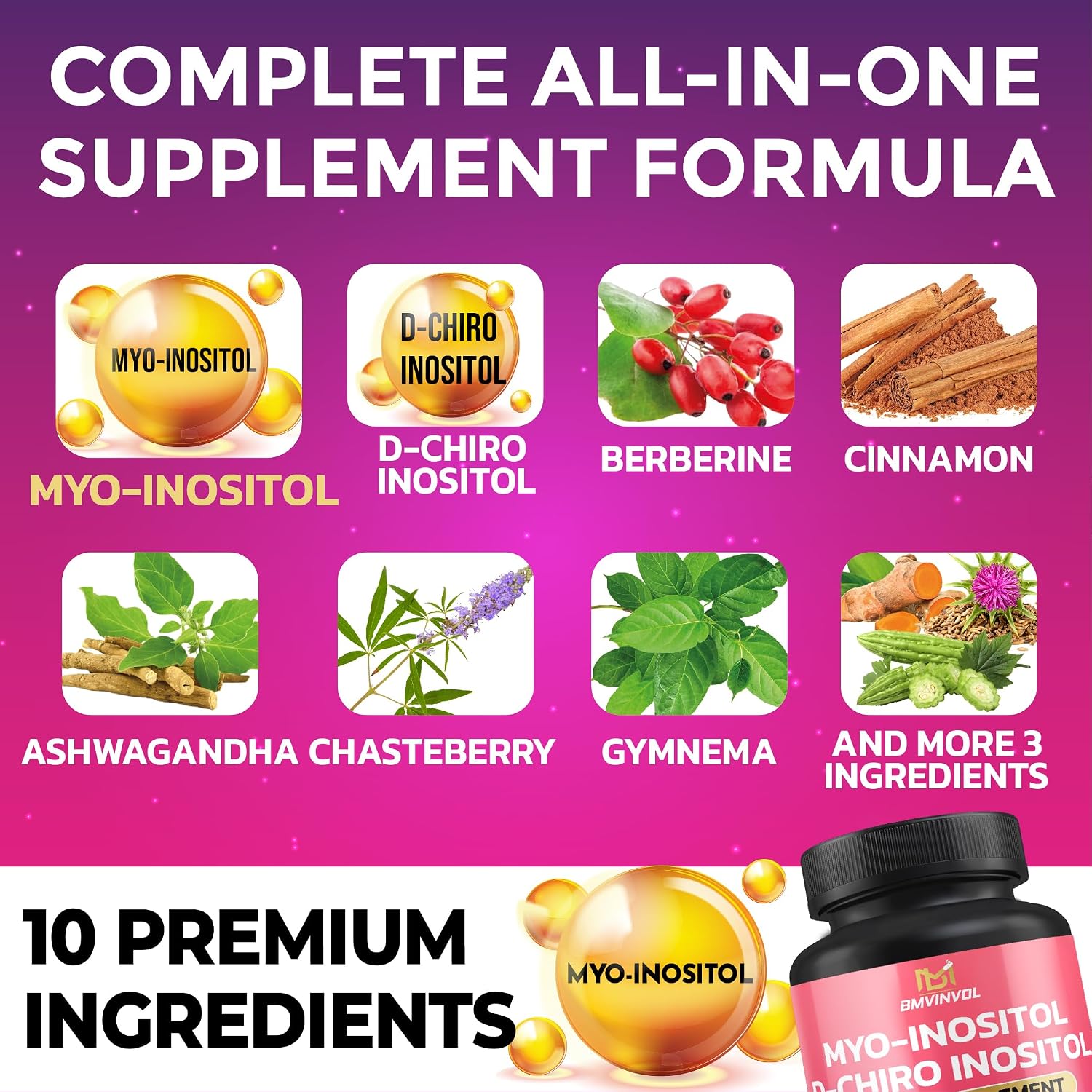 BMVINVOL Inositol 40:1 - Myo-Inositol y D-Chiro Inositol con Berberina, Ashwagandha +5 - 90 Cápsulas