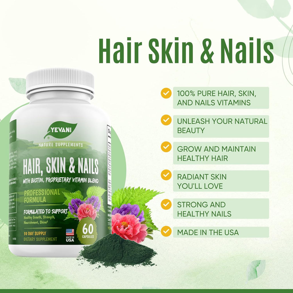 YEVANI 100% Puro Vitaminas para Cabello, Piel y Uñas con Biotina - Fórmula Super Blend