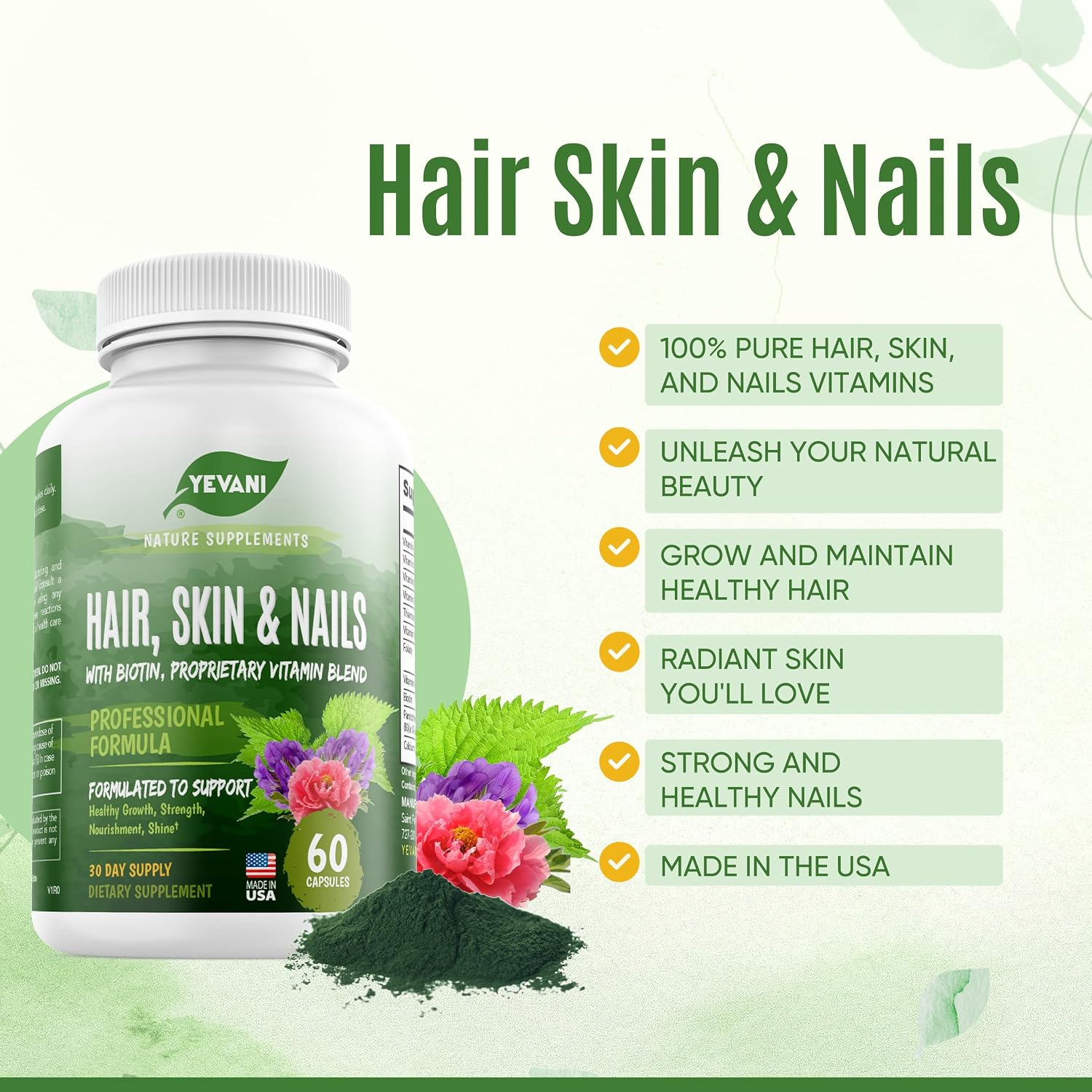 YEVANI 100% Puro Vitaminas para Cabello, Piel y Uñas con Biotina - Fórmula Super Blend