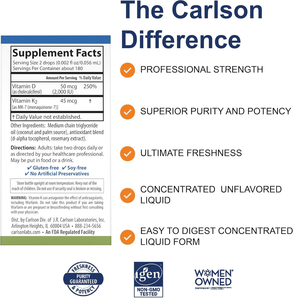 Carlson Super Daily D3+K2 - 50 mcg D3 + 45 mcg MK-7 - 360 Gotas (10,16 ml)