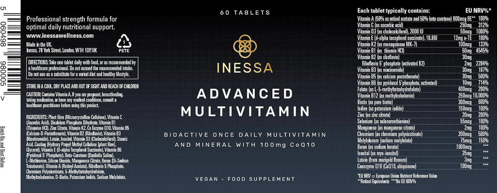 Inessa Methylated Multivitamin for Men and Women with CoQ10, D3, K2, B Complex, Folic Acid and Zinc - 60 Vegan Tablets