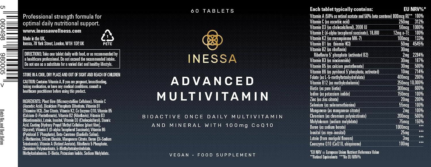 Inessa Methylated Multivitamin for Men and Women with CoQ10, D3, K2, B Complex, Folic Acid and Zinc - 60 Vegan Tablets