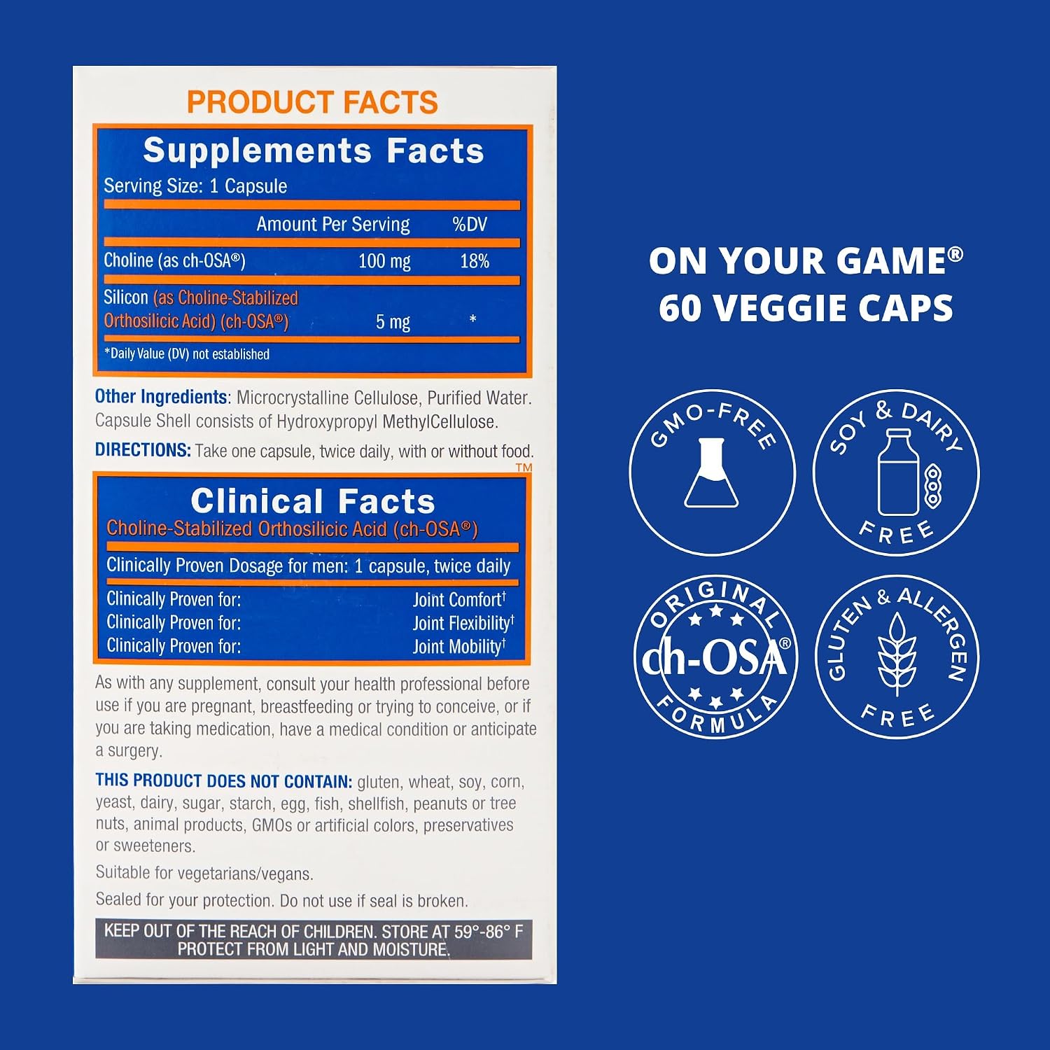 Biosil On Your Game - 60 Cápsulas Vegetales - con Complejo Patented ch-OSA - Aumenta la Producción de Colágeno para Alivio del Dolor Articular, Flexibilidad y Rango de Movimiento - Sin OGM - Suministro de 30 Días