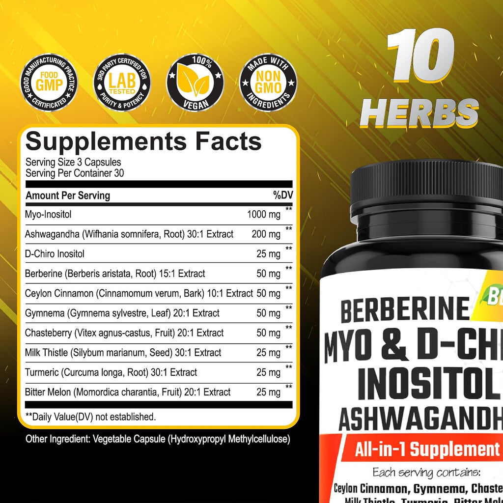 Cápsulas de Myo-Inositol y D-Chiro Inositol con Ashwagandha, Berberina, Canela, Gymnema, Sauzgatillo, Cardo Mariano, Cúrcuma y Melón Amargo - 90 Cápsulas