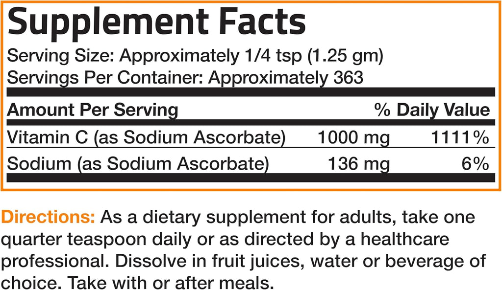 Bronson Vitamina C No Ácida en Polvo - Ascorbato de Sodio, 454g (1 libra)