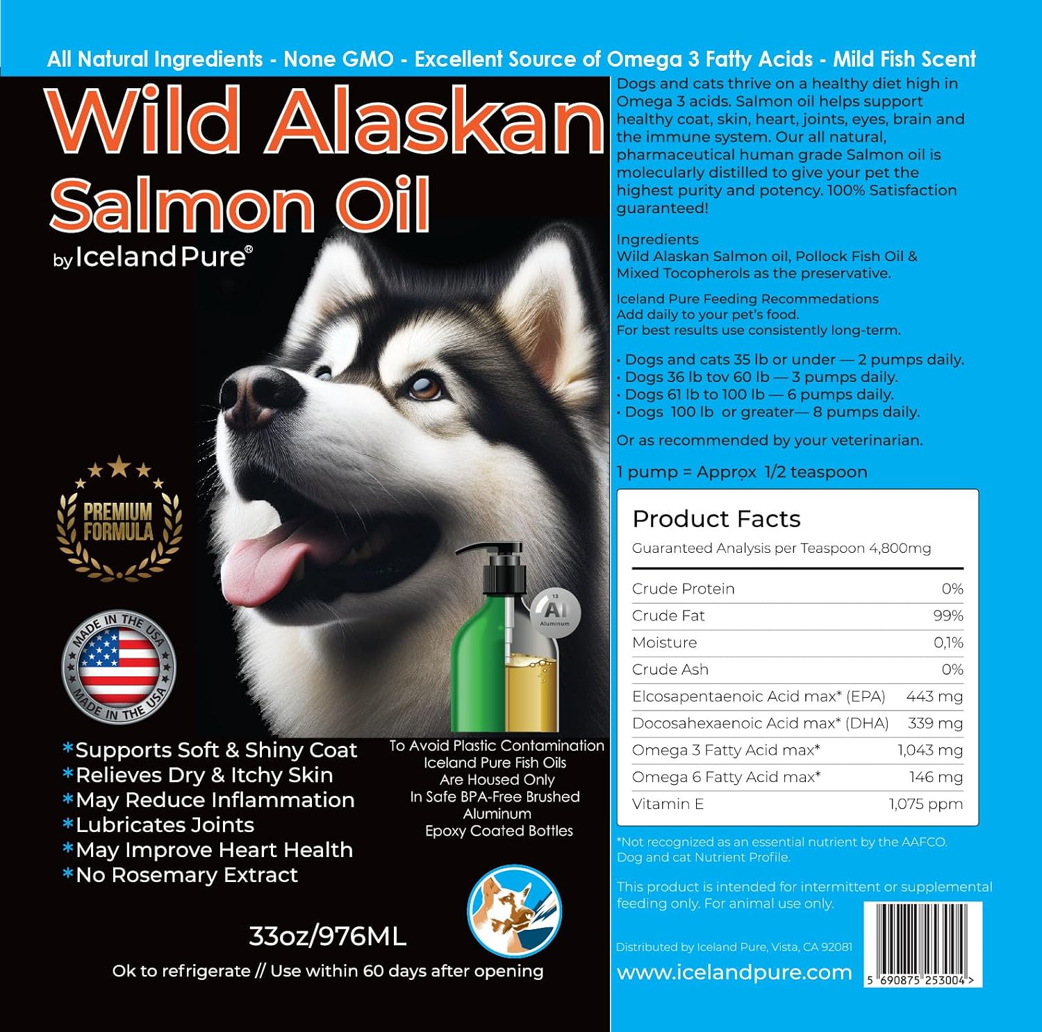 Iceland Pure Aceite de Salmón Salvaje de Alaska para Perros y Gatos - 33 oz (946 ml) - Rico en Omega-3