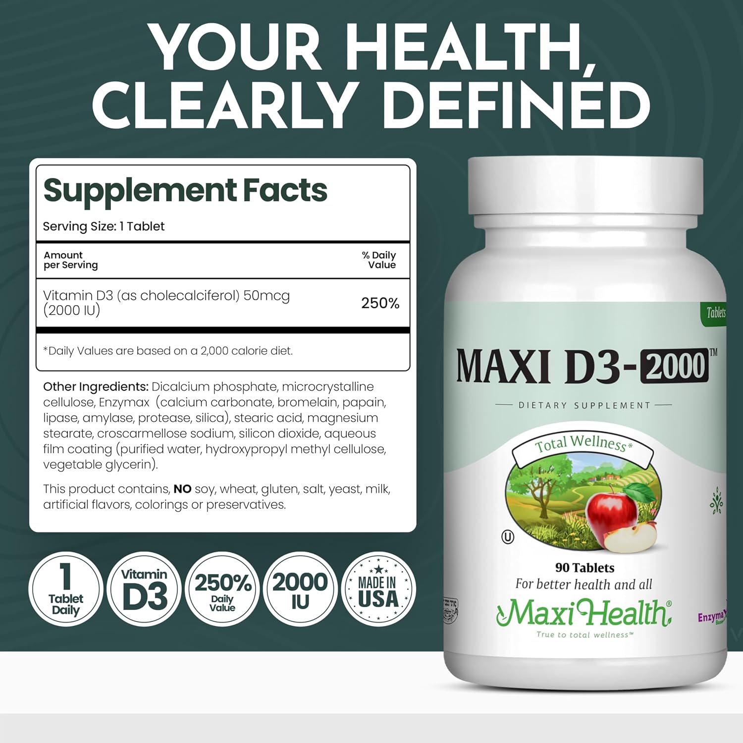Maxi Health Vitamina D3 2000 UI Comprimidos – Apoyo Inmunitario, Salud Ósea y Función Muscular – Suplemento de Vitamina D 2000 UI para Adultos – Kosher, Fáciles de Tragar, 90 Comprimidos
