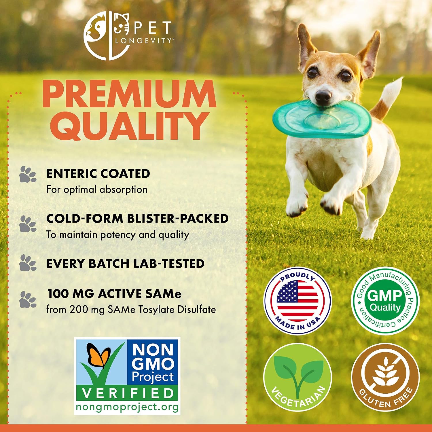 Pet Longevity SAM-e 100 mg – Complemento para el Hígado y Articulaciones para Gatos y Perros Pequeños – 50 Comprimidos con Recubrimiento Entérico