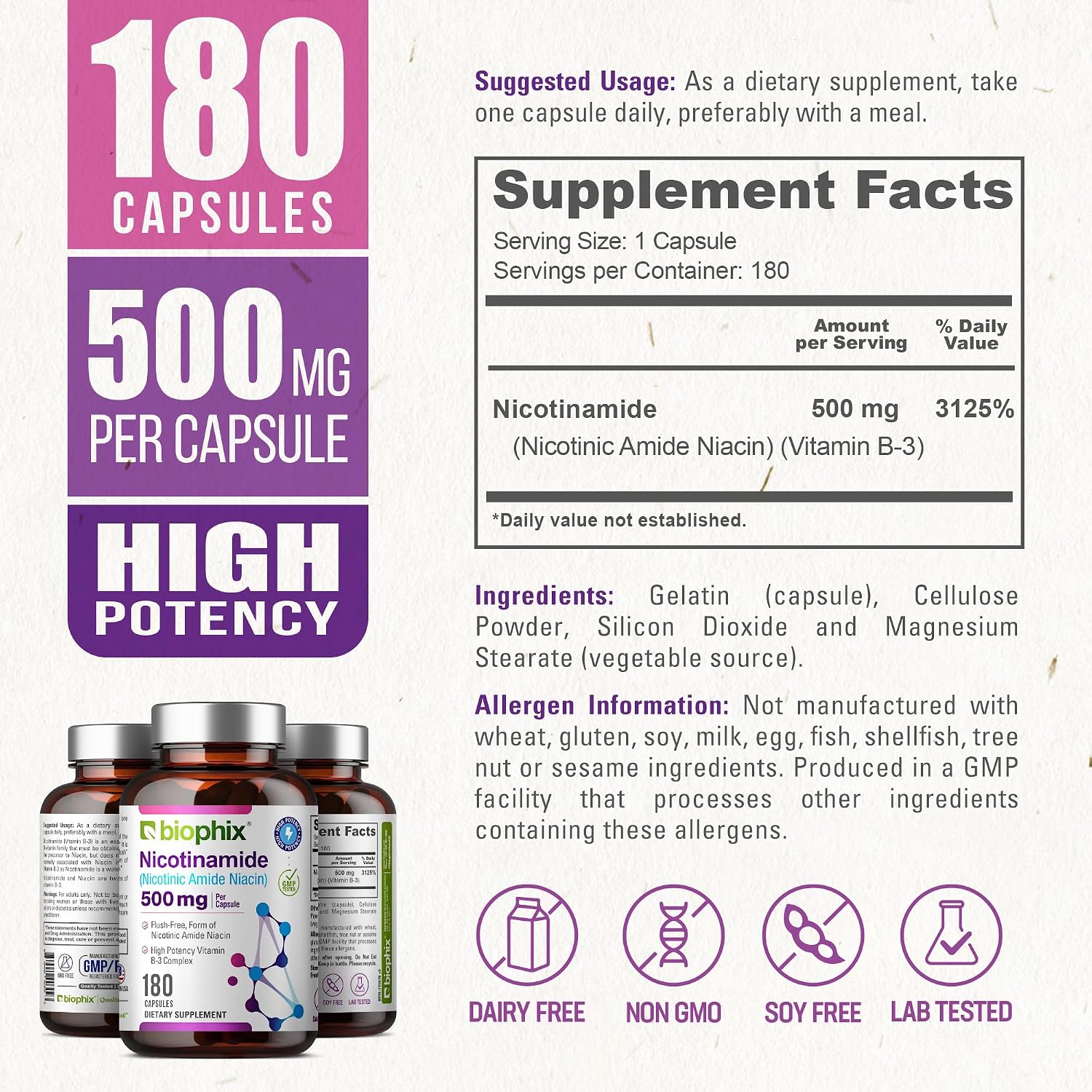 biophix B-3 Nicotinamida 500 mg, 180 Cápsulas (Paquete de 2)