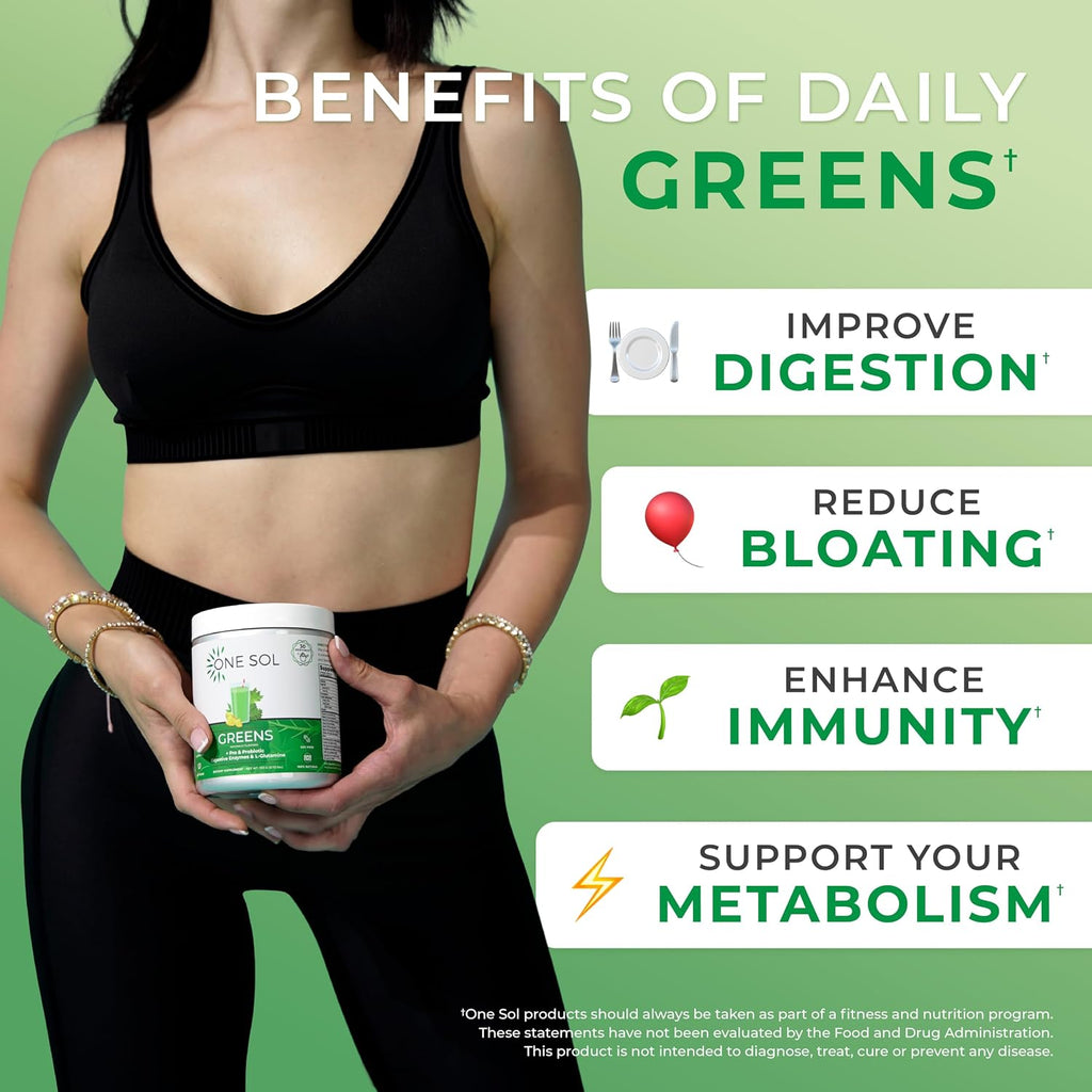 One Sol Greens, Super Greens en Polvo para Reducir la Hinchazón y Mejorar la Salud Digestiva, Mezcla de Superalimentos para Batidos, Prebiótico y Probiótico con Enzimas Digestivas, Vegano y Sin Soja
