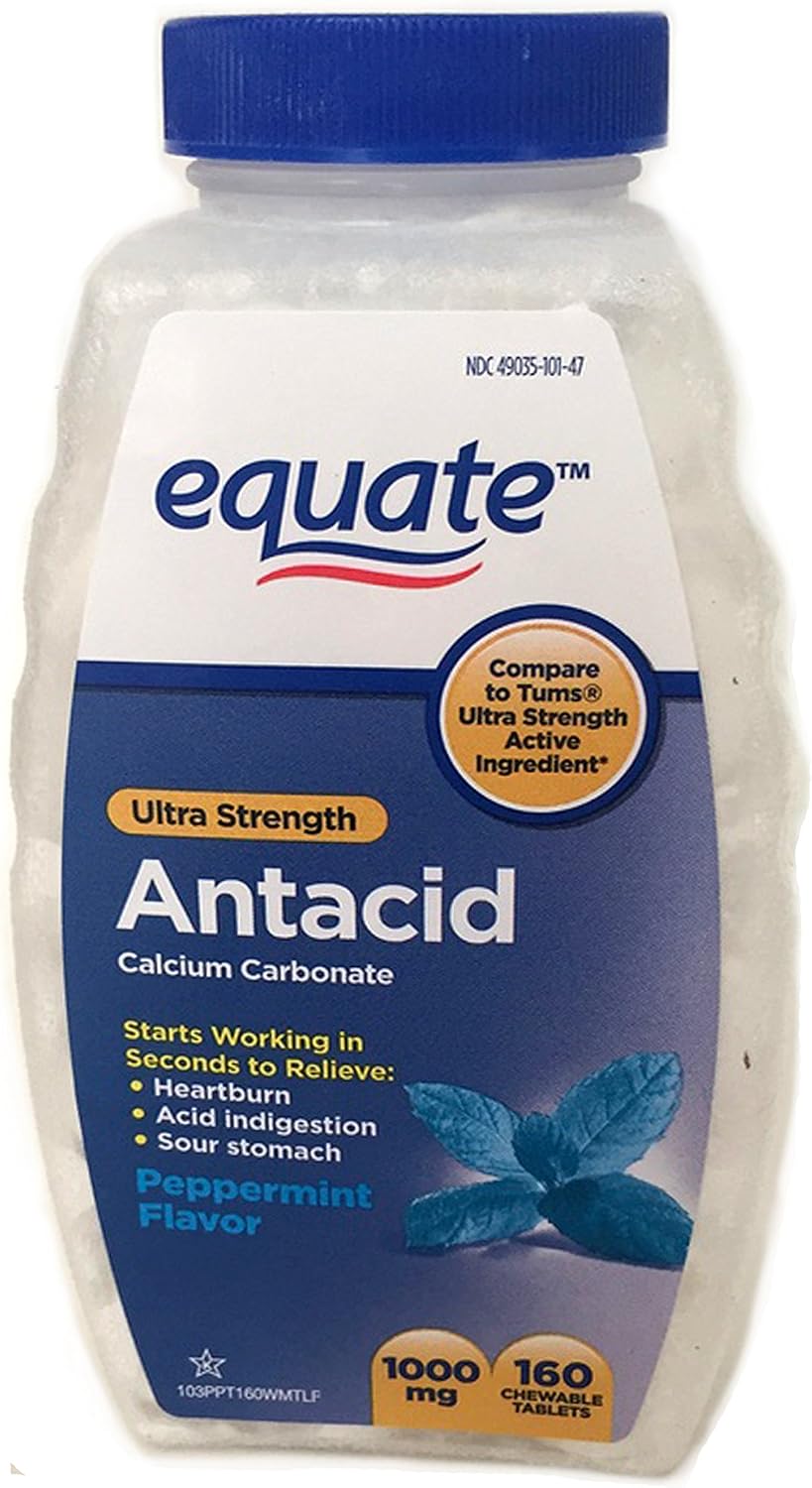 Equate Antiácido Ultra Strength – 160 Comprimidos Masticables, 1000 mg, S sabor Menta