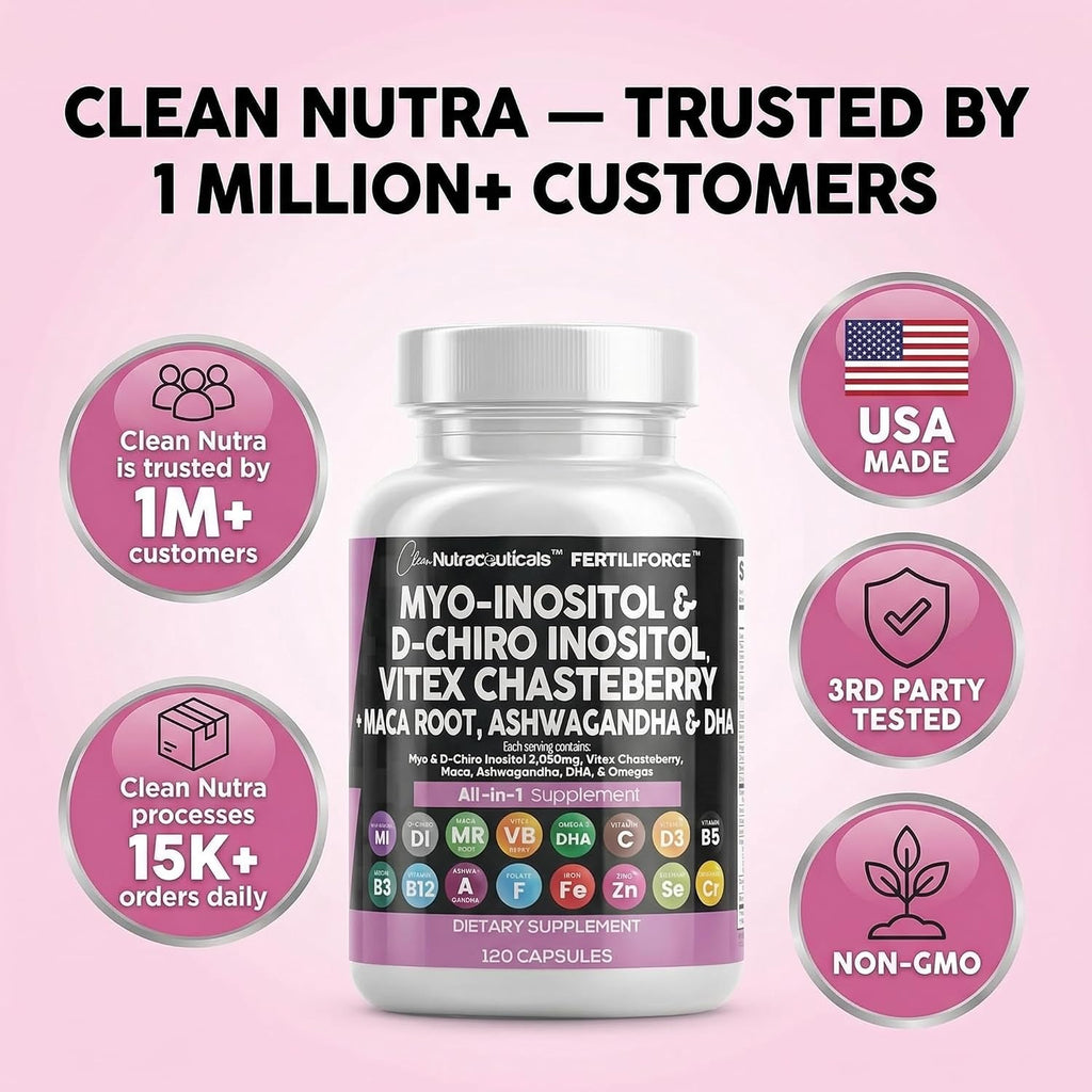 Clean Nutraceuticals Myo-Inositol y D-Chiro Inositol 2050mg - Suplemento de Fertilidad 40:1 - Vitaminas Prenatales con Ashwagandha, Maca, Vitex, Hierro, DHA, Ácido Fólico, DIM, Zinc