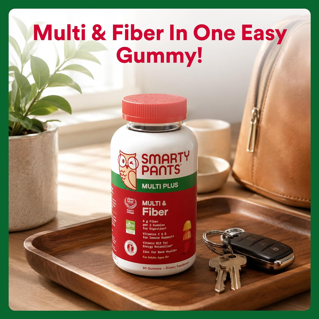 SmartyPants Plus Multi & Fiber Multivitamínico en Gominolas para Hombres y Mujeres con Fibra Prebiótica, Omega 3 DHA/EPA, Vitaminas D3, C, B12, B6, A, K, Zinc, Clean Label, Tres Sabores de Frutas, 90 unidades (Ración para 30 días)