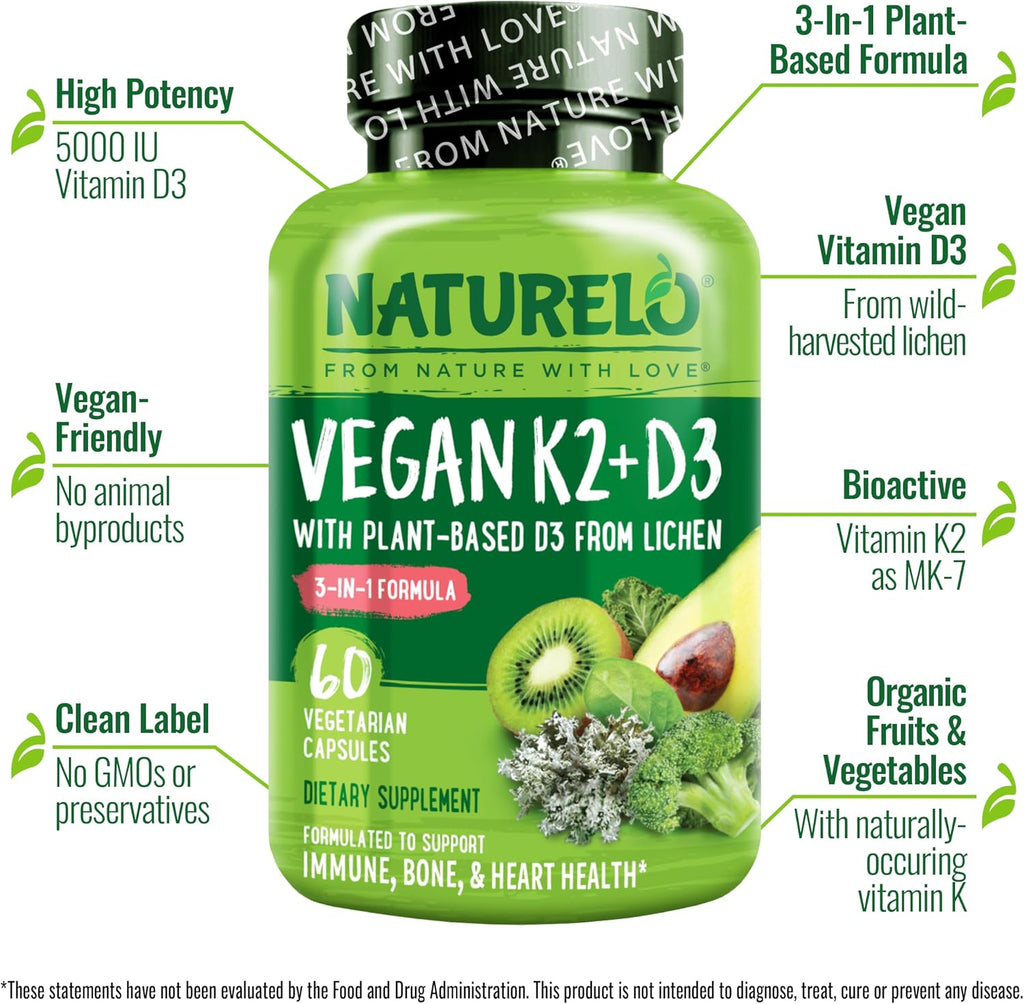 NATURELO Vitamina D3 + K2 Vegano, 60 Cápsulas