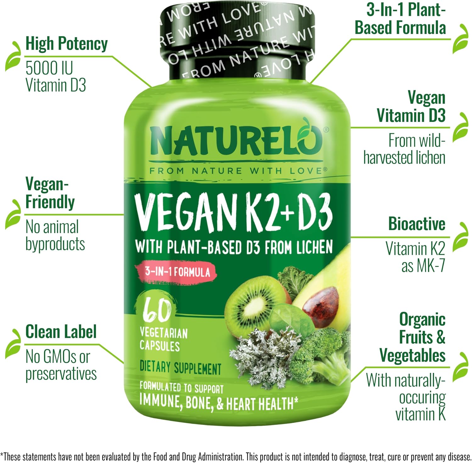 NATURELO Vitamina D3 + K2 Vegano, 60 Cápsulas