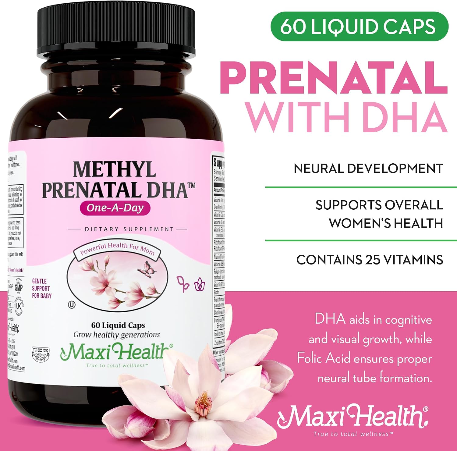 Maxi Health Methyl Prenatal DHA - Vitaminas Prenatales con DHA y Ácido Fólico - 60 Cápsulas Blandas