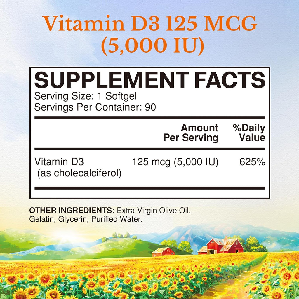 Vitalitown Vitamina D3 125 mcg (5000 UI) - 90 Cápsulas Blandas con Aceite de Oliva