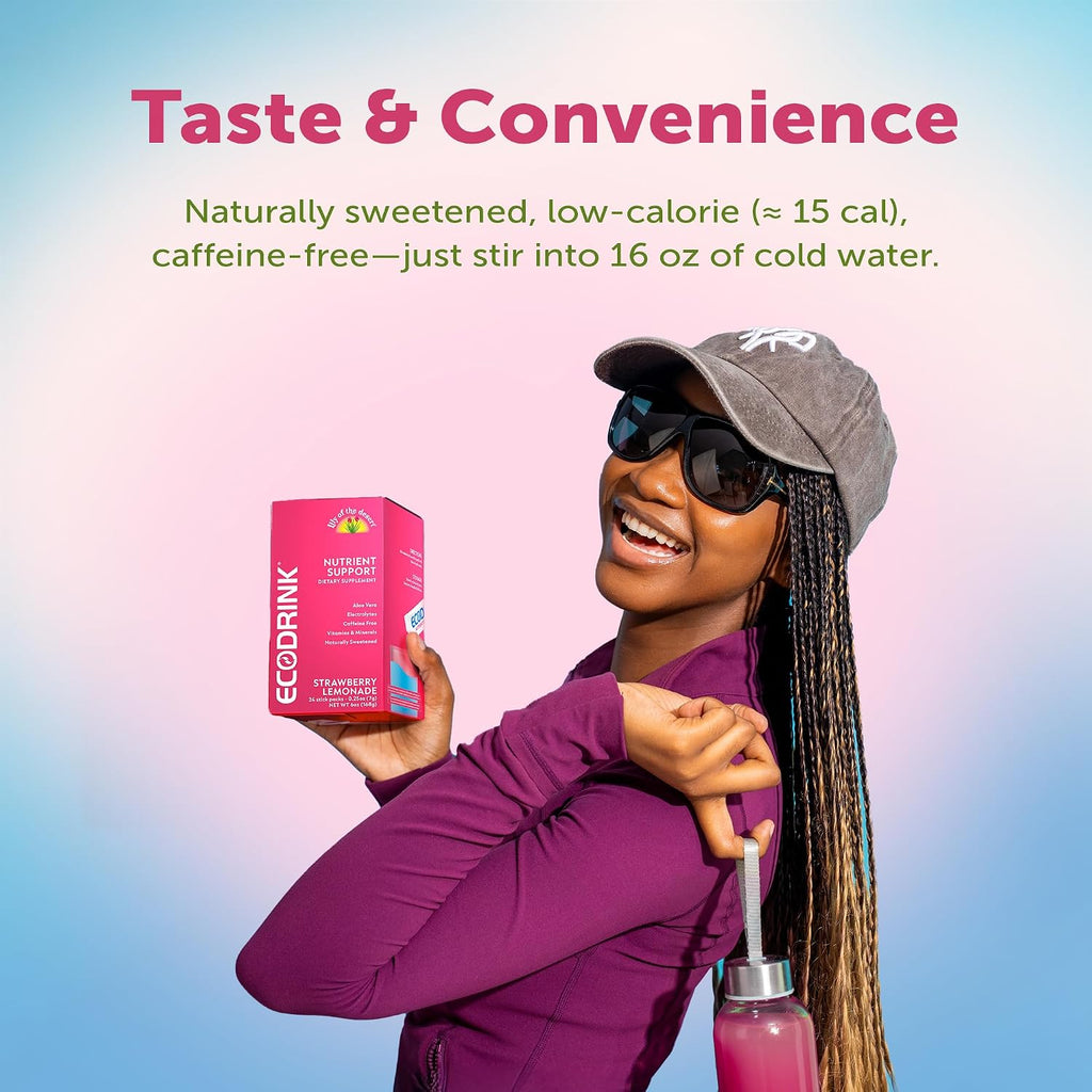 EcoDrink de Lily of the Desert - Paquetes de Hidratación con Multivitaminas y Electrolitos, Sabor Fresa Limonada, 24 Sobres