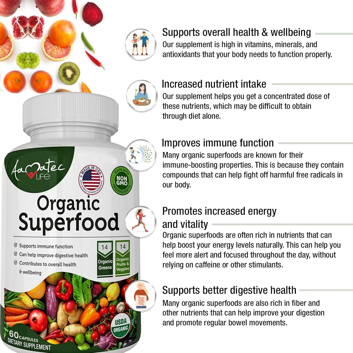 AAMATEC LIFE Superalimentos Orgánicos Verduras y Frutas - 120 Comprimidos (Paquete de 2)
