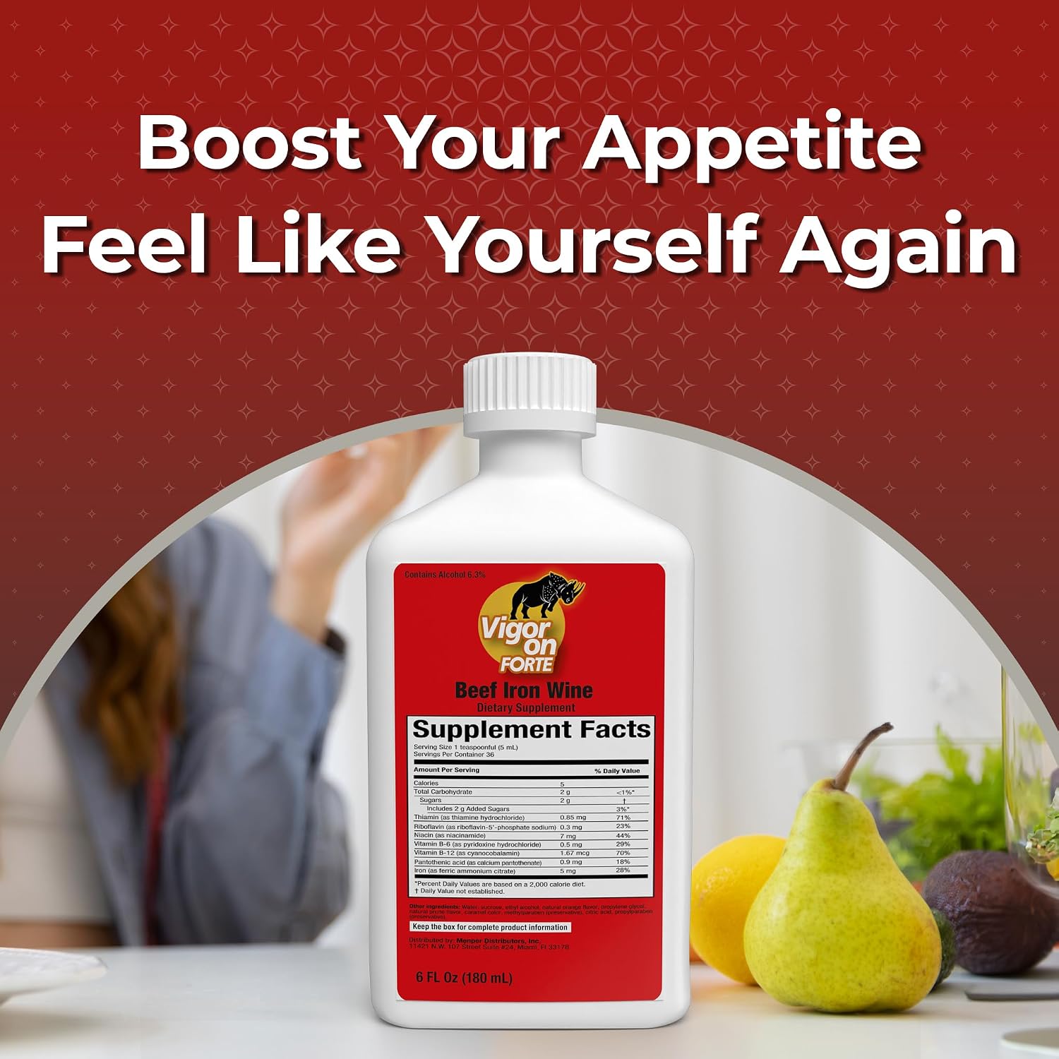VIGORON FORTE Estimulante del apetito – Suplemento de hierro con complejo de vitaminas B, B12 y multivitamínico energético – Ayuda natural para recuperar el apetito – Vegano, sin OGM – 6 fl oz (1 paquete)