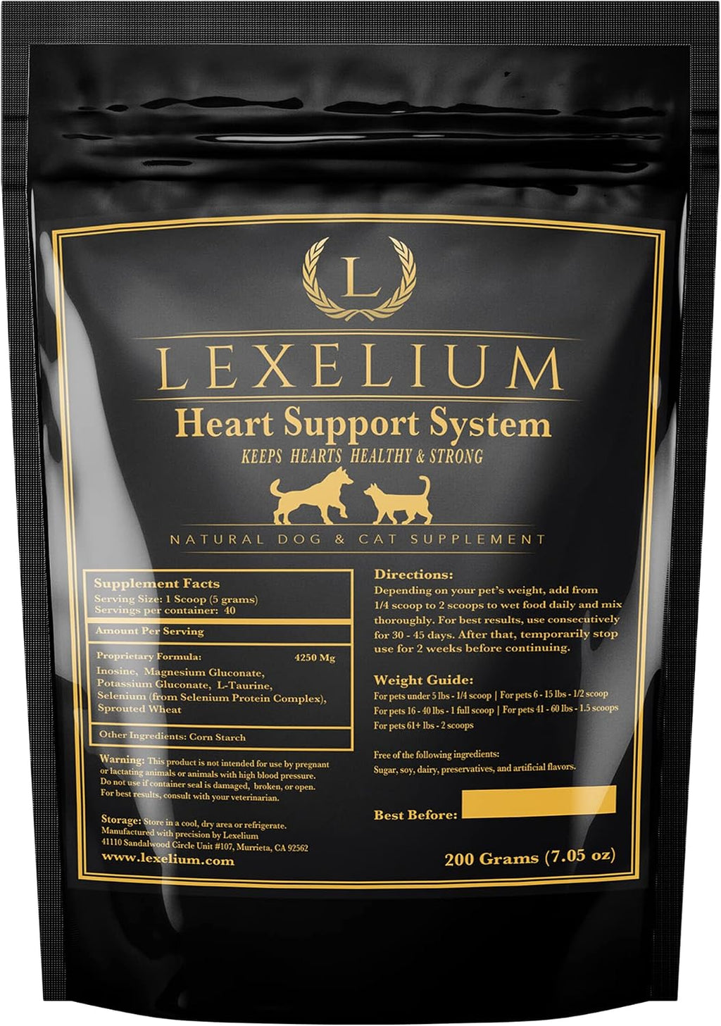 Lexelium Suplemento Cardíaco para Perros y Gatos - Apoyo Cardiovascular con Taurina - Polvo Fácil de Mezclar - 200g