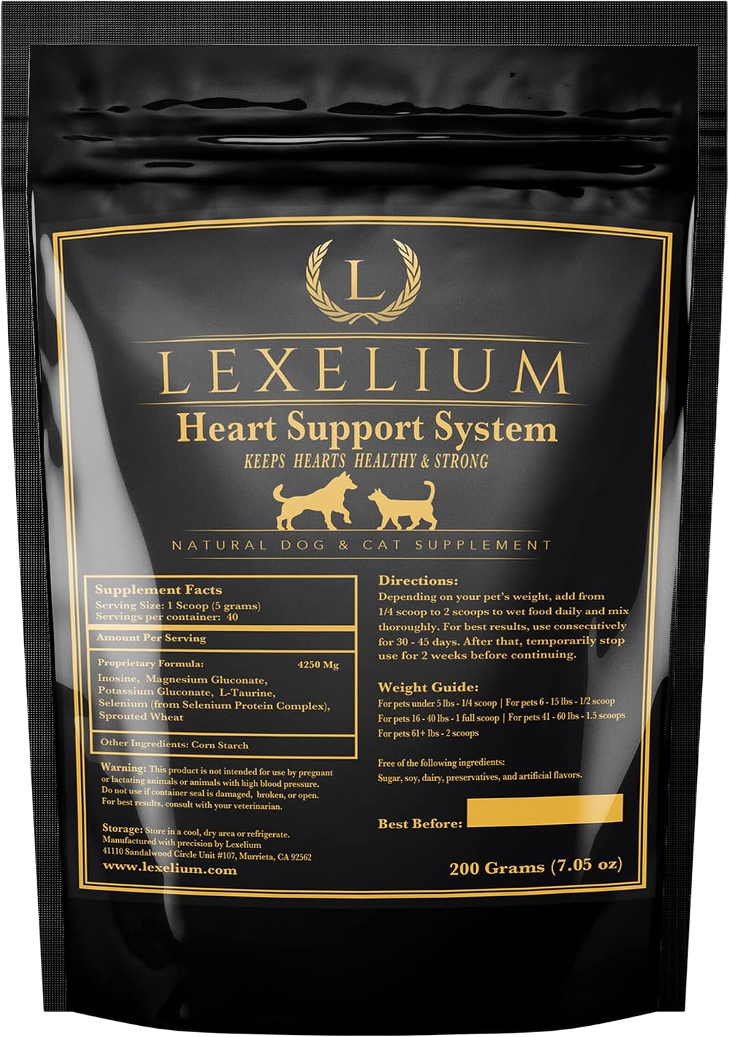 Lexelium Suplemento Cardíaco para Perros y Gatos - Apoyo Cardiovascular con Taurina - Polvo Fácil de Mezclar - 200g