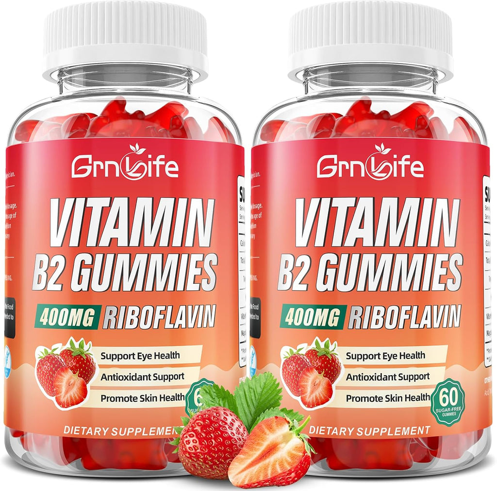 GrnLife Gominolas de Vitamina B2 (Riboflavina) 400mg con Magnesio - 120 Gominolas Sabor Fresa