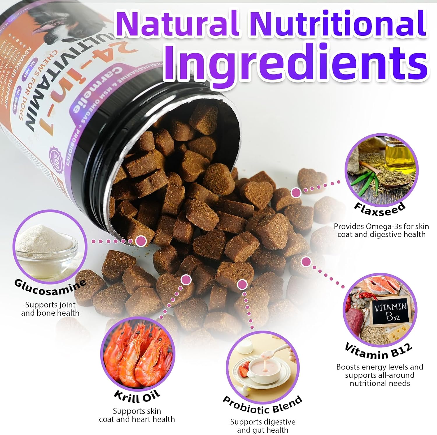 Carmelie Multivitamínico 24 en 1 para Perros - 200 Chewables con Glucosamina, Probióticos y Omega-3 - Sabor Pollo