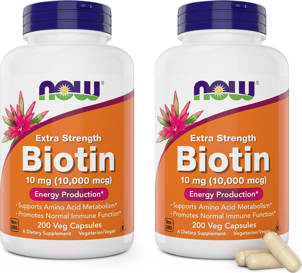 NOW Foods Extra Strength Biotina 10.000mcg - 200 Cápsulas Veganas (Pack de 2)