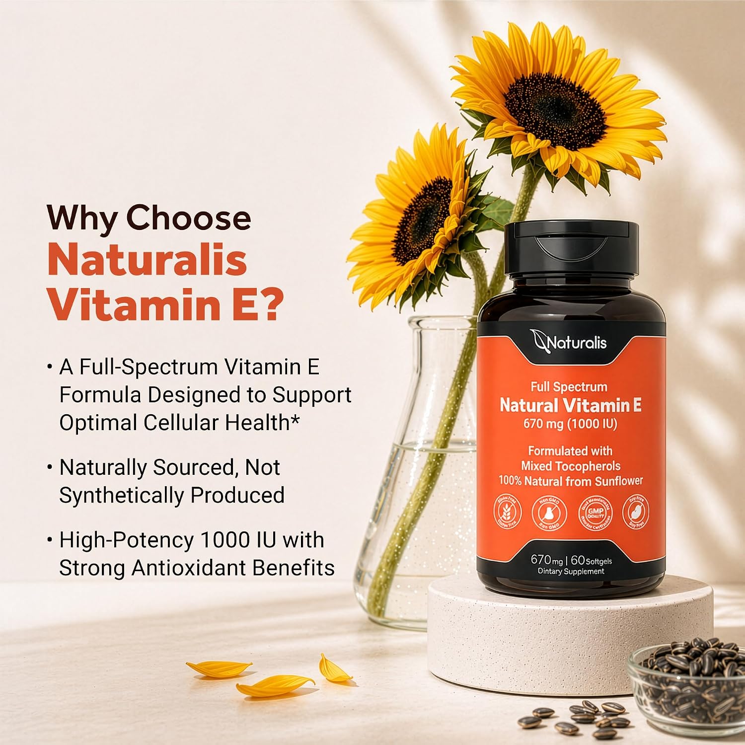 Naturalis Vitamina E de Girasol 670mg (1000 UI) con Tocoferoles Mixtos, 60 Cápsulas