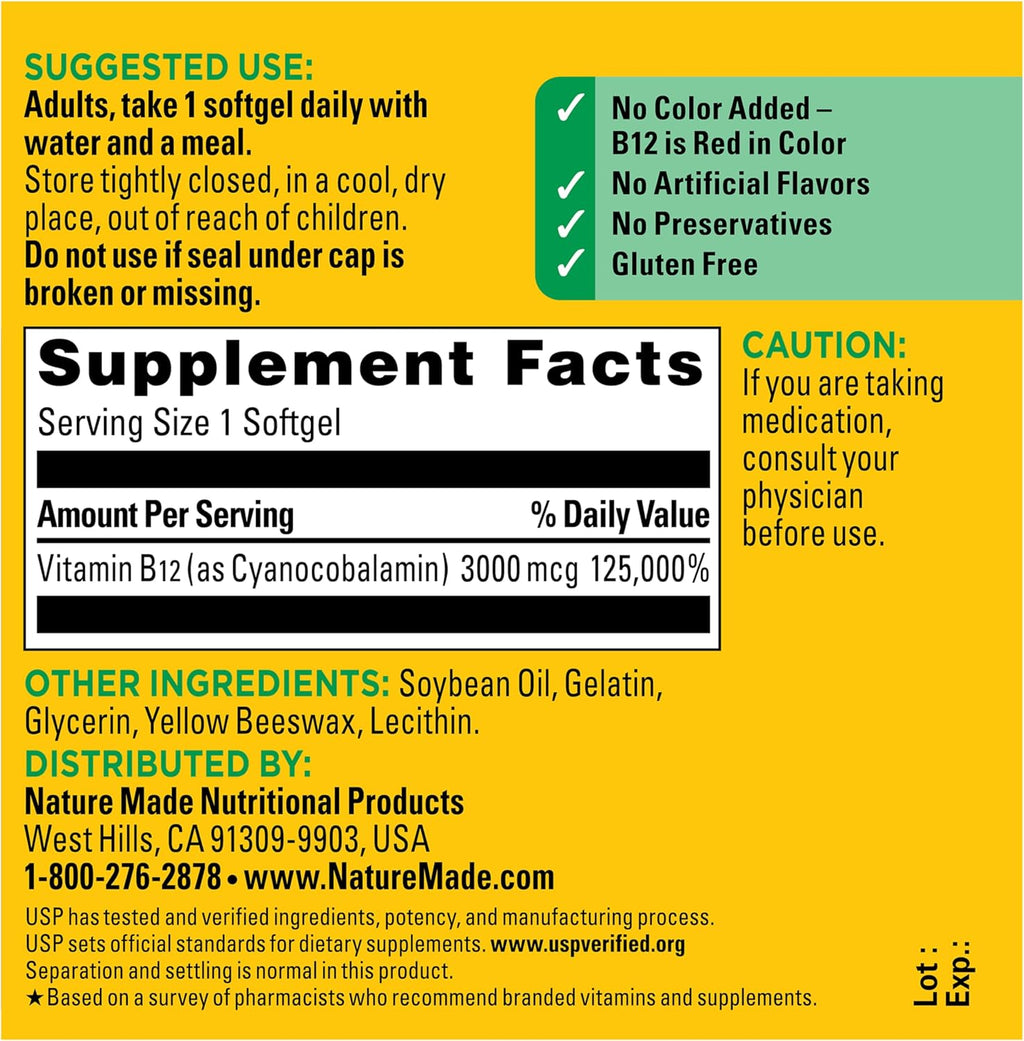 Nature Made Vitamina B12 Extra Strength 3000 mcg, 60 Cápsulas Blandas