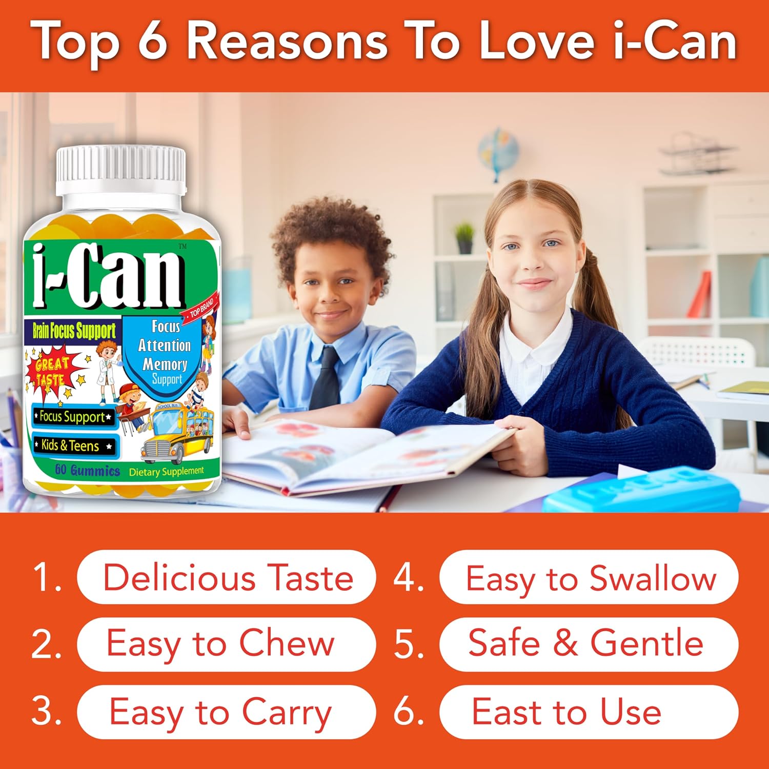 I-Can Kids Focus Gummies con Omega 3 DHA - 60 Gominolas para Niños