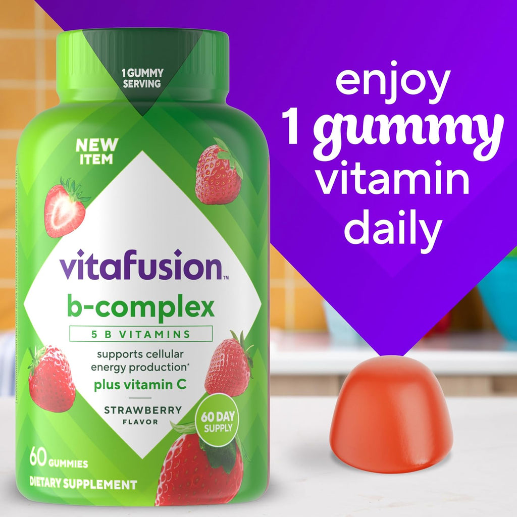 Vitafusion Complejo B Gummies – 60 Gomitas para Adultos con Vitamina C, Sabor Fresa