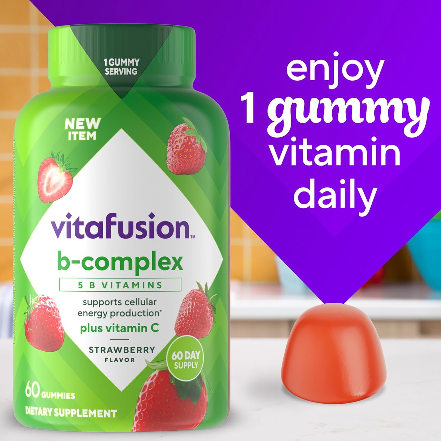 Vitafusion Complejo B Gummies – 60 Gomitas para Adultos con Vitamina C, Sabor Fresa