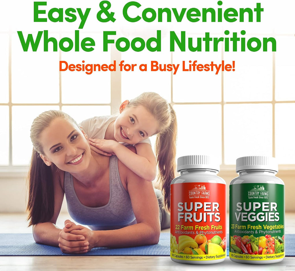 Country Farms Suplemento de Frutas y Verduras, 180 Cápsulas de Fruta y 180 de Verdura, Superalimentos Verdes y Rojos, Antioxidantes, 60 Dosis