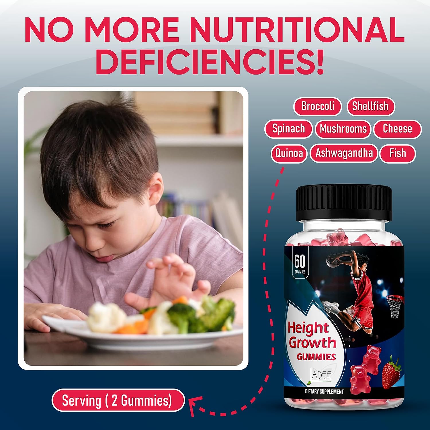 Jadee Gominolas de Crecimiento para Adolescentes y Niños - Calcio 325mg, Vitaminas D3, K2, C, Magnesio, Ashwagandha, Zinc, L-Arginina