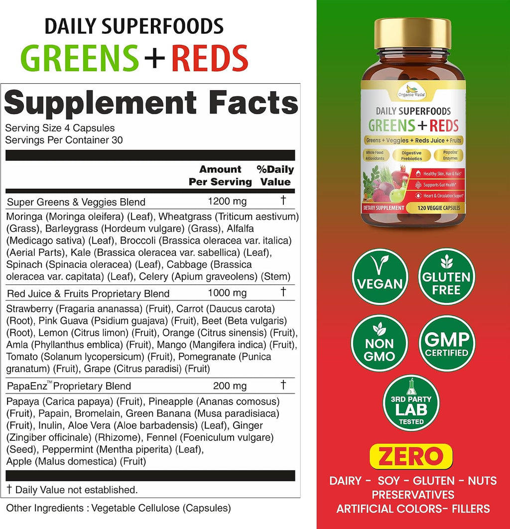 Organic Veda Mezcla de Superalimentos Verdes, Rojos, Frutas y Verduras - 120 Cápsulas