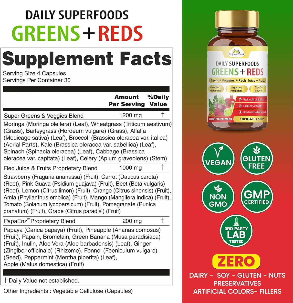 Organic Veda Mezcla de Superalimentos Verdes, Rojos, Frutas y Verduras - 120 Cápsulas – Image 2