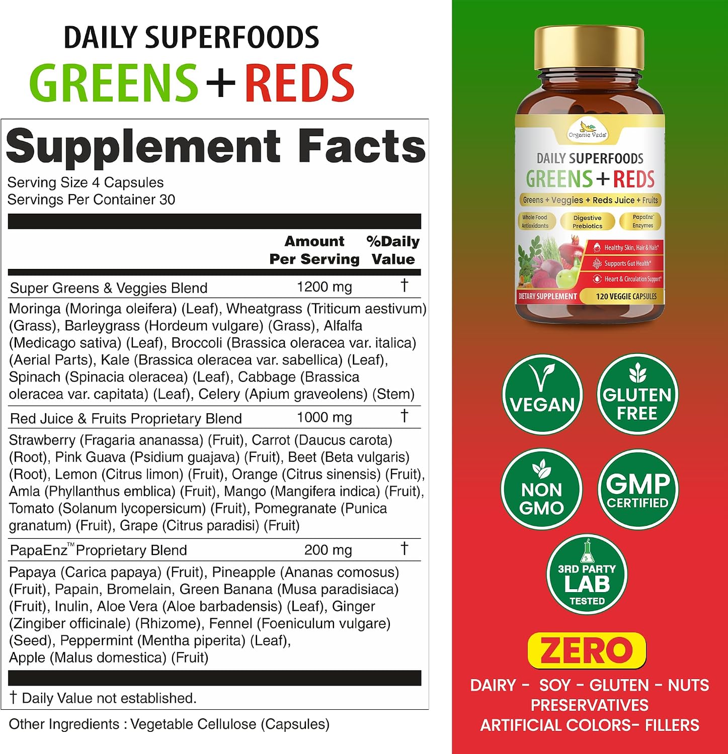 Organic Veda Mezcla de Superalimentos Verdes, Rojos, Frutas y Verduras - 120 Cápsulas