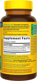 Nature Made Vitamina D3 + K2, 5000 UI (125 mcg), 30 Cápsulas Blandas