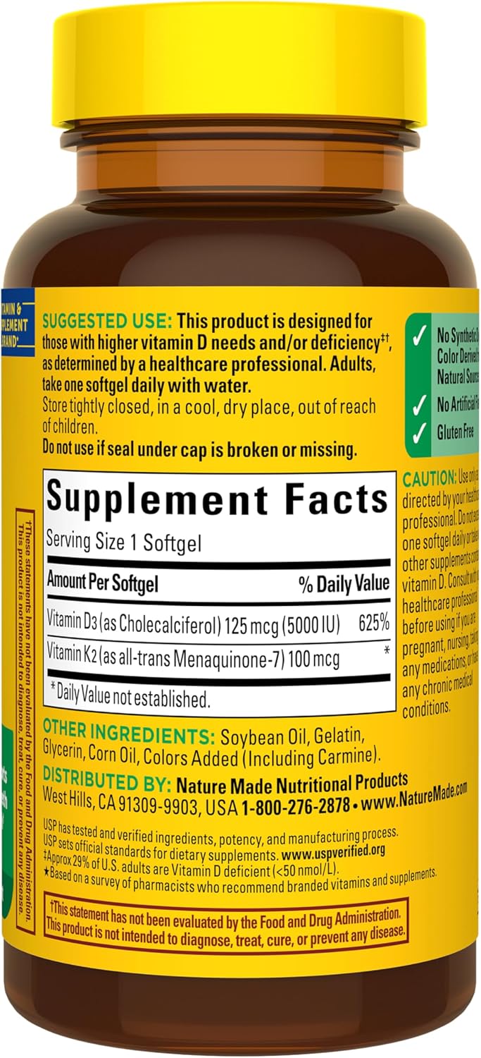 Nature Made Vitamina D3 + K2, 5000 UI (125 mcg), 30 Cápsulas Blandas