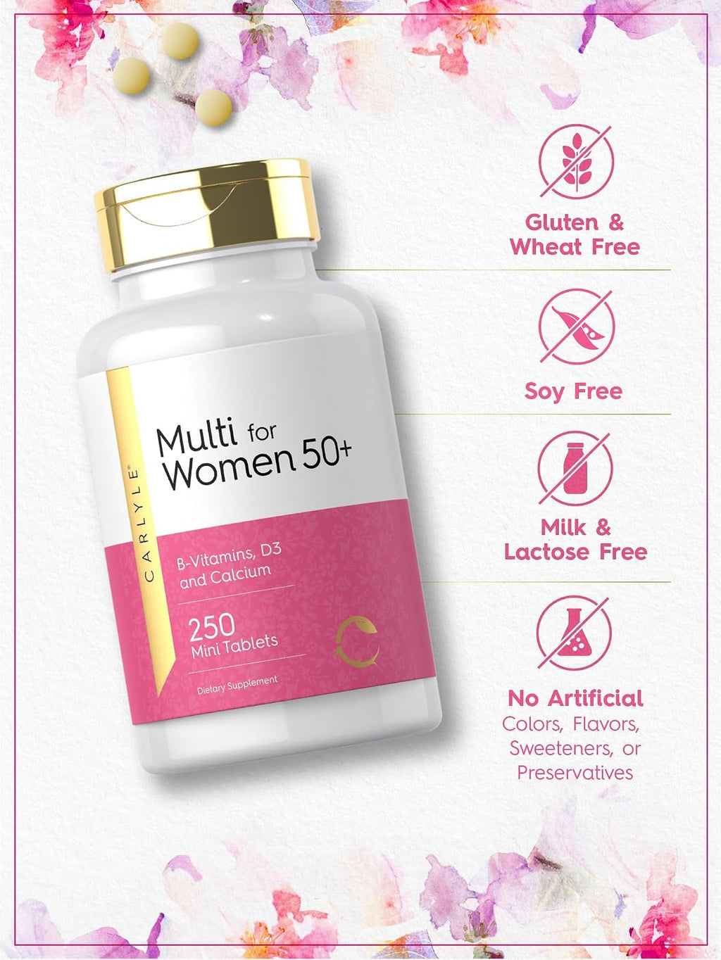 Carlyle Multivitamínico para Mujeres 50+ | 250 Mini Comprimidos | Con Vitaminas B, D3, Calcio y Folato | Sin Hierro | No Transgénico, Sin Gluten